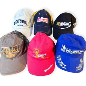 Vintage Baseball Cap Hat Lot – Ford, Budweiser, Michelin, NY, NASCAR (6 Total)